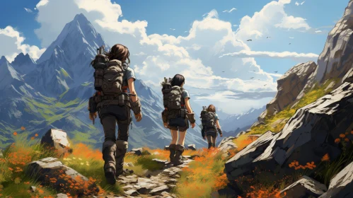 Three People Hiking in the Majestic Mountains
