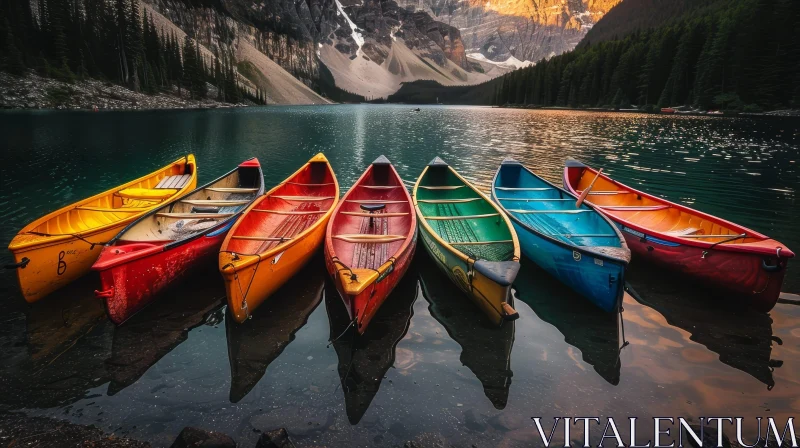 Tranquil Lake Sunset with Colorful Canoes AI Image
