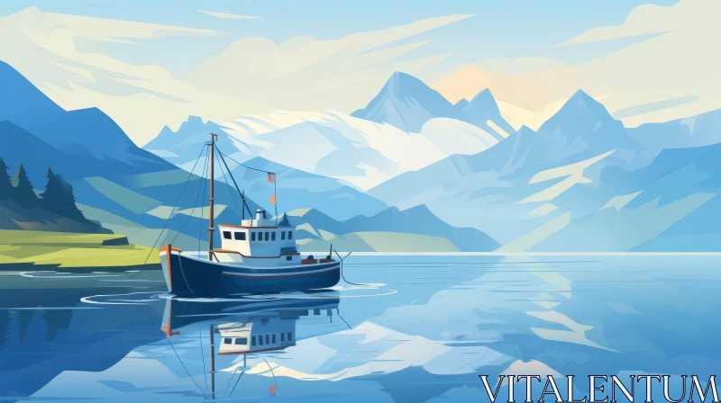 AI ART Tranquil Seascape with Boat on Calm Lake