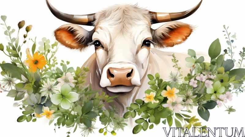 Tranquil Watercolor Painting of a Cow Surrounded by Flowers AI Image