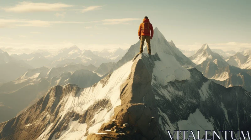 Triumphant Man on Snow-Capped Mountain Summit AI Image
