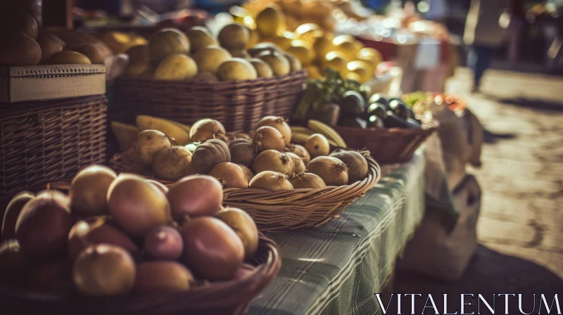 AI ART Vibrant Farmer's Market Still Life: Baskets of Fruits and Vegetables