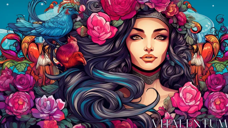 AI ART Woman with Crown of Roses Digital Painting