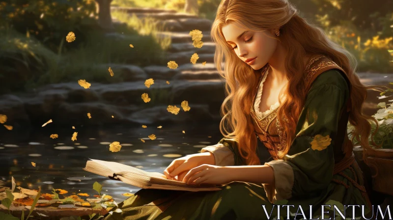 AI ART Young Woman Reading Book by River