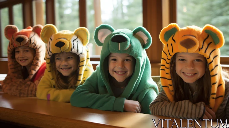 Adorable Children in Animal Onesies - Smiling Group Photo AI Image