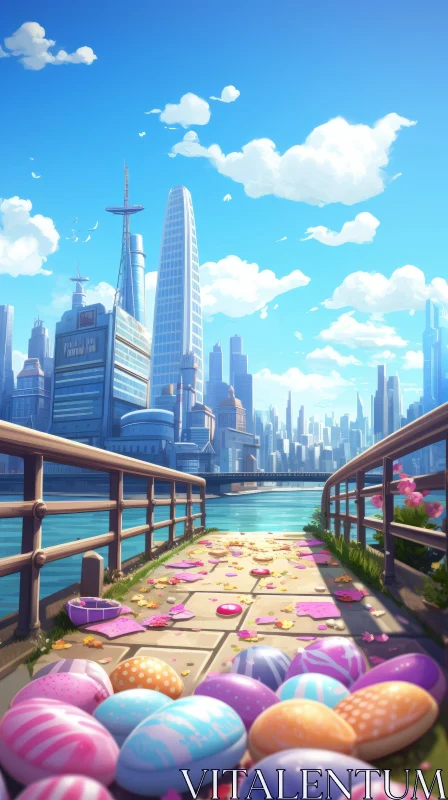 Anime-Inspired Easter Cityscape with Floral Bridge AI Image