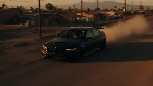 Black BMW M5 F90 Competition Driving on Desert Road at Sunset