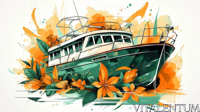 Boat Digital Painting with Flowers AI Image