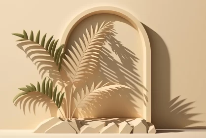 Captivating 3D Artwork: Palm Leaves and Stones in Minimalist Stage Design