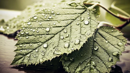 Close-up of Dark Green Leaf with Water Drops