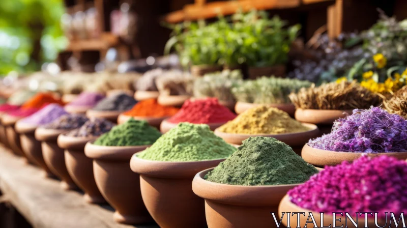 Colorful Array of Herbal Powders at a Market Stall AI Image