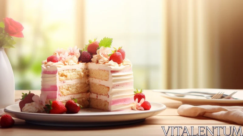Delicious Cake with Strawberries and Flowers on Plate AI Image