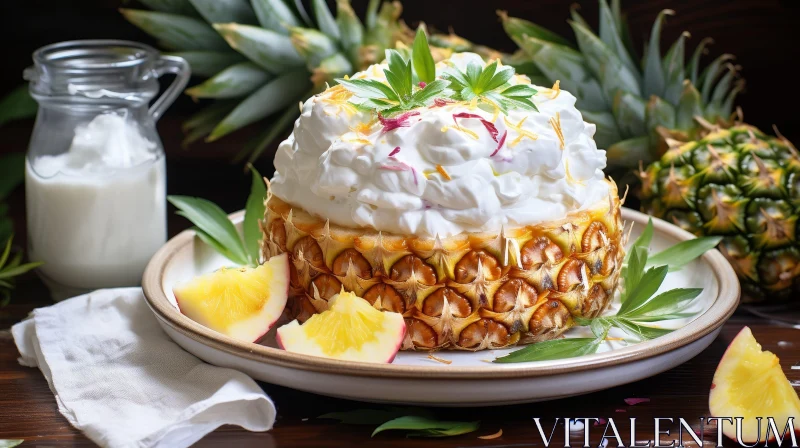 AI ART Delicious Pineapple Cake with Whipped Cream and Flowers