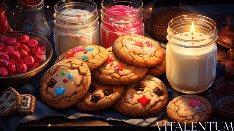 Delicious Still Life: Candle, Cookies, and Candy AI Image