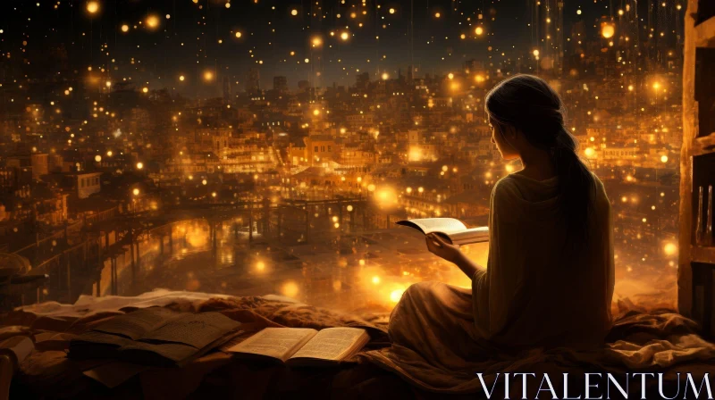 Enchanting Woman Reading Book in Magical City Lights AI Image