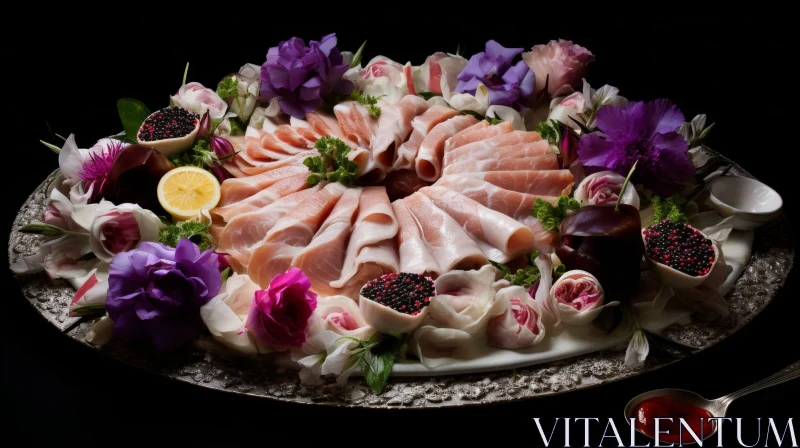 AI ART Exquisite Prosciutto Platter with Flowers and Fruits