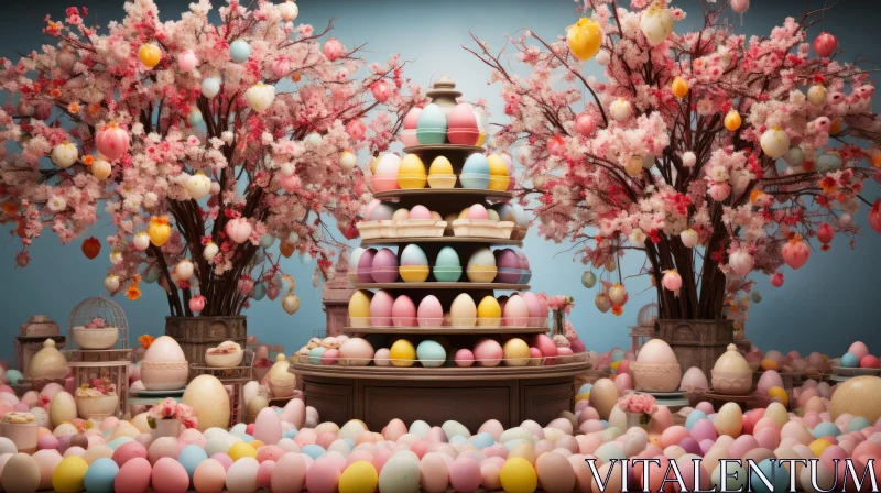 Festive Easter Scene with Colorful Eggs and Cherry Blossom Trees AI Image