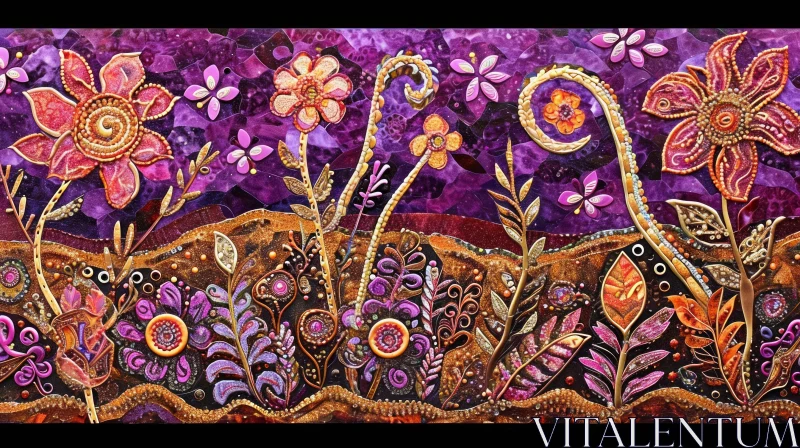 Floral Mosaic Artwork - Vibrant Flowers in Shades of Purple, Pink, and Orange AI Image