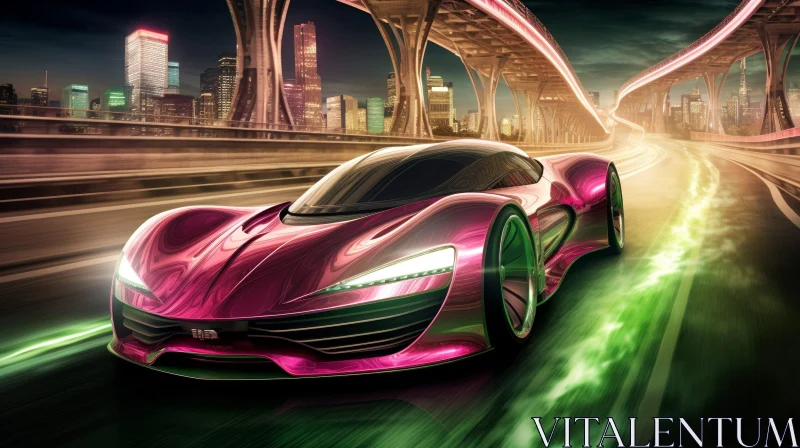 Futuristic Pink and Green Sports Car Night Drive | 3D Rendering AI Image