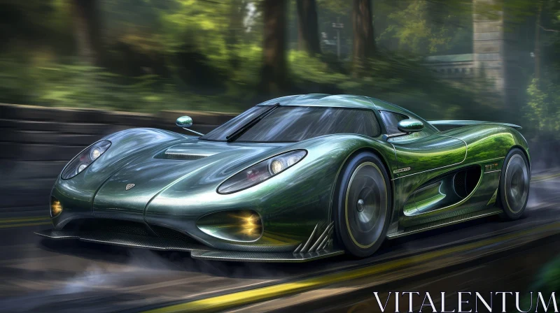 Green Sports Car Racing Through Forest AI Image