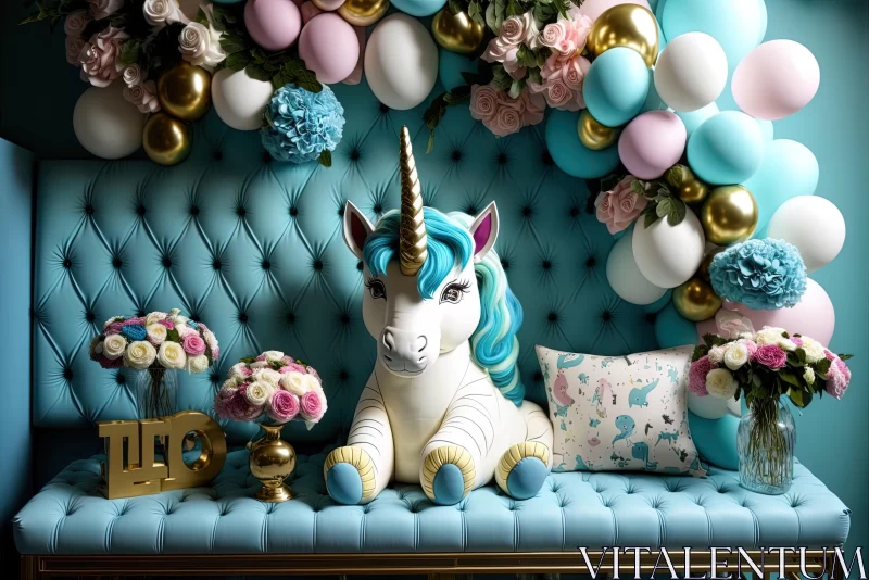 Majestic Unicorn on Blue Couch with Balloons | Luxurious Artwork AI Image