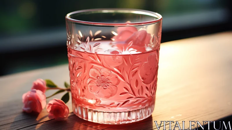 Pink Drink and Roses on Wooden Table AI Image