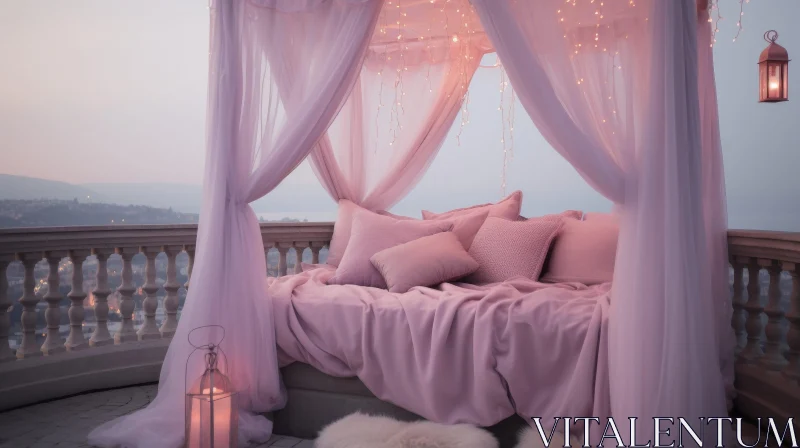 Romantic Outdoor Canopy Bed with City View AI Image