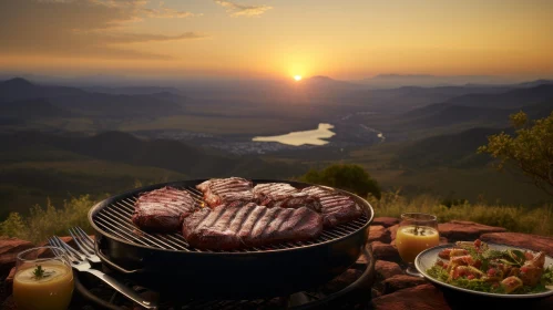 Sunset Over Mountain Range with Grill Scene