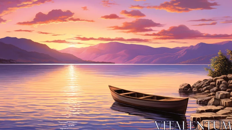 Tranquil Lake and Mountains at Sunset Painting AI Image