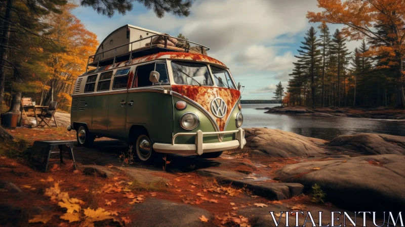 Vintage Volkswagen Bus on Rocky Shore of Lake AI Image