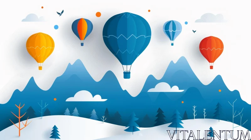 Winter Landscape Illustration with Mountains and Hot Air Balloons AI Image