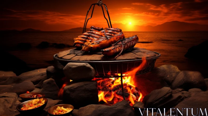 AI ART Barbecue Grill on Seashore with Sausages