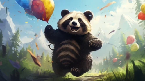 Cheerful Panda Bear with Colorful Balloons - Cartoon Illustration