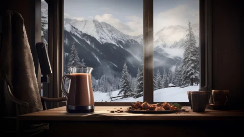 Cozy Christmas Scene with Hot Chocolate and Snowy Mountain View