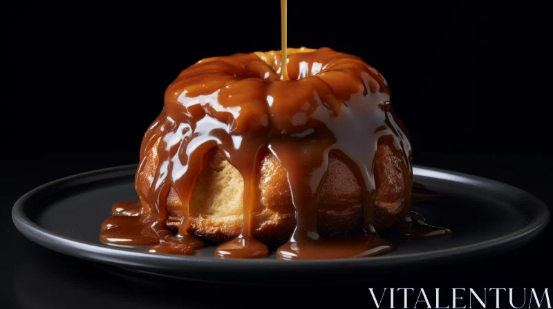 Delicious Bundt Cake with Caramel Sauce on Black Plate AI Image
