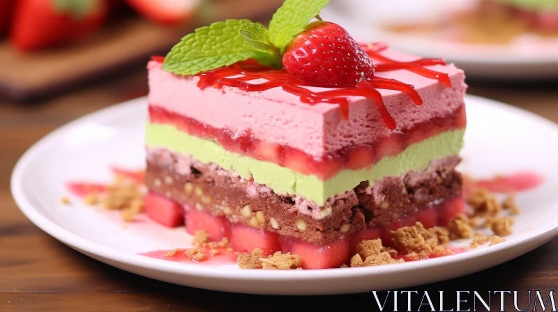 Delicious Strawberry Cake Slice on Plate AI Image