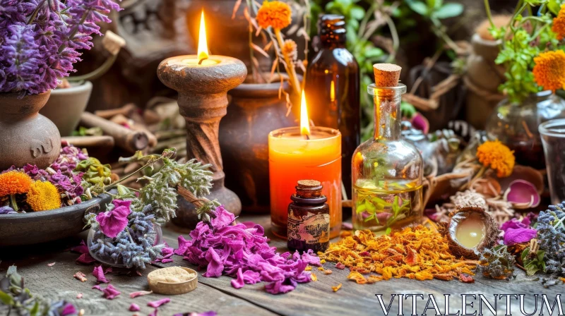 Enigmatic Still Life: Wooden Table with Candles, Bottles, Herbs, and Flowers AI Image