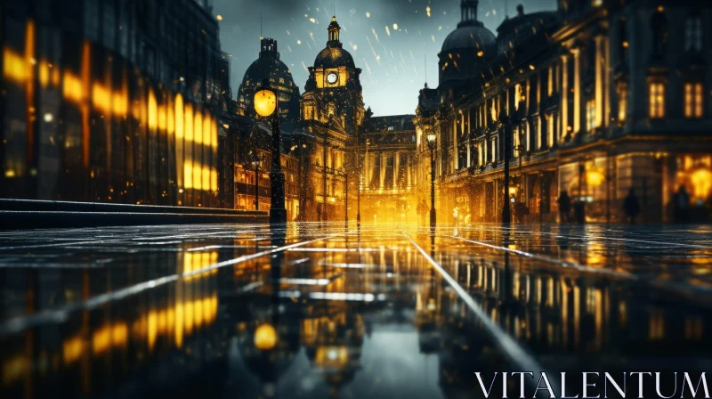 AI ART European City Night Streetscape - Rainy Old Buildings View