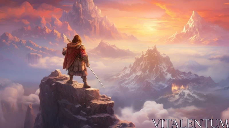 Fantasy Landscape with Lone Figure on Mountaintop AI Image