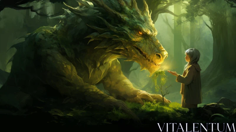 Green Dragon and Child in Magical Forest AI Image