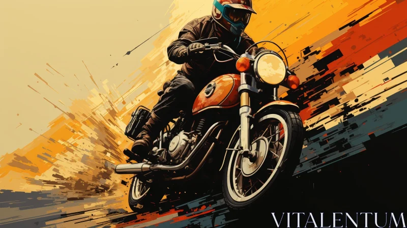 Man Riding Orange Motorcycle Painting AI Image