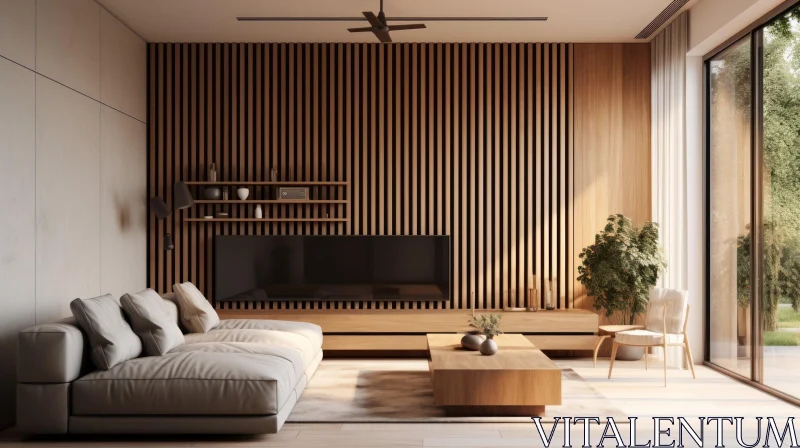 Modern Living Room with Wooden Slatted Wall AI Image