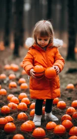 Monochromatic Image of Child Holding Pumpkins in Woodland