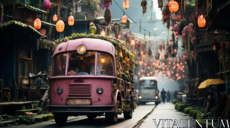 Pink Bus in Lantern-Lit Street: A Surrealistic Journey AI Image