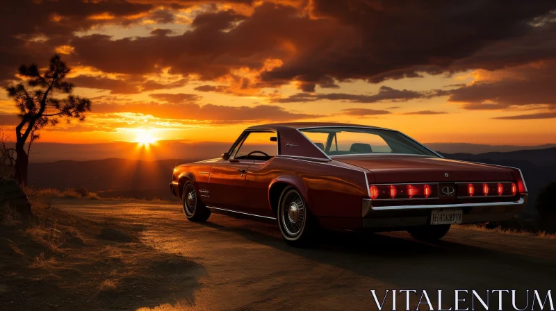 Red Retro Car at Sunset on Hilltop AI Image