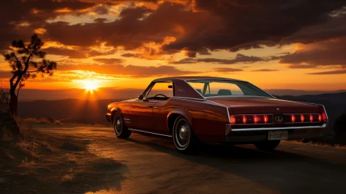 Red Retro Car at Sunset on Hilltop