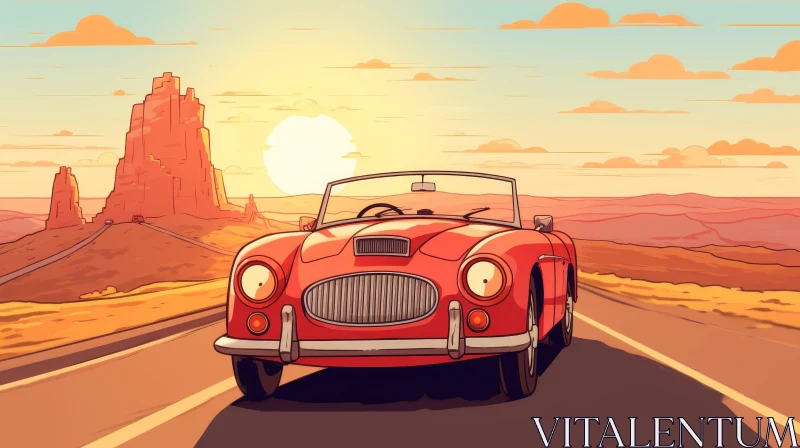 Red Vintage Car Driving through Desert Landscape AI Image
