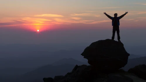 Silhouette of a Man at Sunset on a Mountain