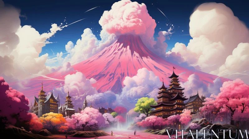 Tranquil Mountain Landscape with Pink Volcano AI Image