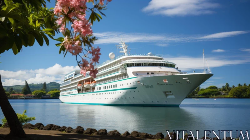 Tranquil White Cruise Ship in Lush Bay Setting AI Image